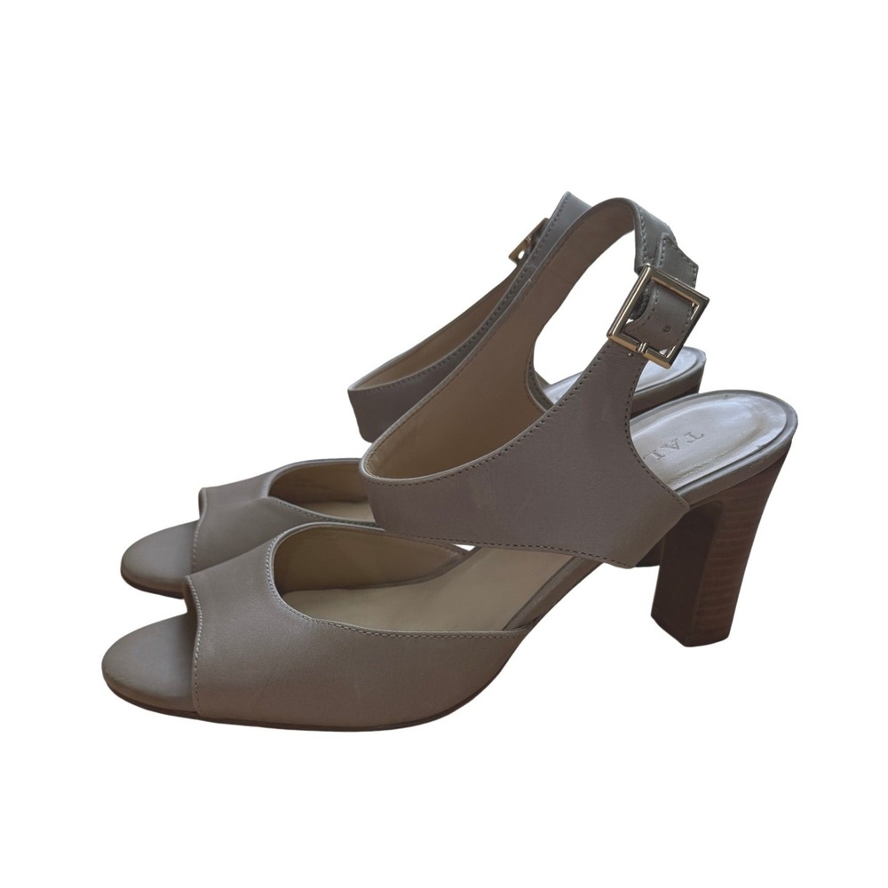 Talbots Heels Women 7M Tan Taupe Leather Open Toe‎ Slingback Block Heel Sandals